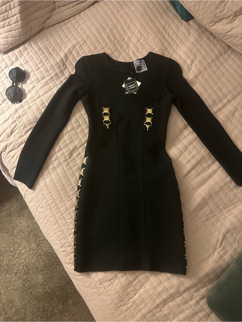 Black Long-Sleeve Bandage Dress with Gold Hardware